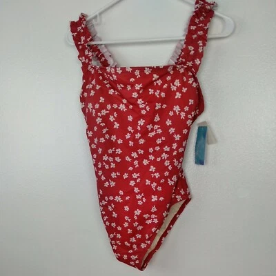 Beach Betty Swimsuit Small Red Floral One Piece Ruffle Straps Slimming Control - Image 1 of 4