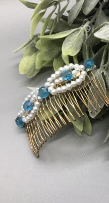 Casamento nupcial com miçangas feito à mão azul água branco novo 3,5” pente de metal dourado - Imagem 1 de 2