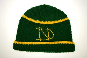 Vintage Beanie Cap Hat Hand Knit Notre Dame 70s Green Yellow Gold Embroidered ND - Picture 1 of 9