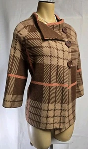 Belford Cashmere Box Cape Jacket Cropped Cardigan In Sz M Plaid Brown Buttons - Picture 1 of 13