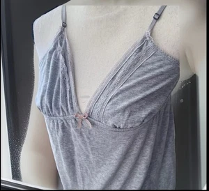Y2k Gray Babydoll Lace Tank Top size M V Neck Plunge Spaghetti Strap Shirt Lace - Picture 1 of 4