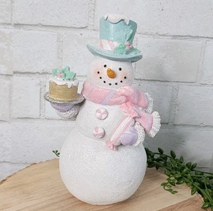Snowman Sweet Candy Cake Christmas Village Figure Pastel Pink Blue Resin 8" NEW - Picture 1 of 6