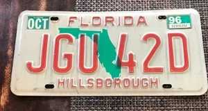 Florida License Plate, Orange and Green Metal Hillsborough JGU 42D - Picture 1 of 2
