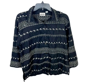 Chico's Design Sakko Gr. 1 schwarz/grau 100% Leinen bestickt Knopfleiste Boho - Bild 1 von 6