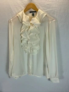 VTG Lauren Ralph Lauren Womens Blouse 4 Ivory Ruffled Button Up career classic - Picture 1 of 10