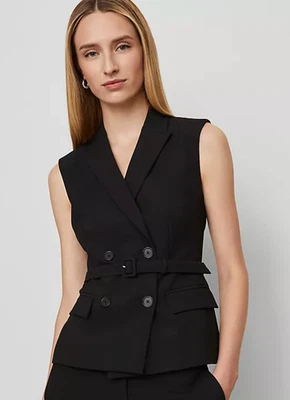 NWT ANN TAYLOR BLACK BELTED DOUBLE BREASTED SEASONLESS STRETCH VEST BLAZER SZ 10 - Image 1 of 4