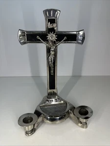 Vintage Westdeutsches Metall Altar Kruzifix Kreuz Kerzenständer INRI - Bild 1 von 12