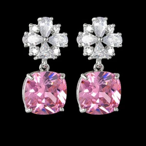 Flower Style Pink Kunzite White Fire Topaz Gemstone Women Silver Stud Earrings - Picture 1 of 6