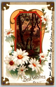 Cartolina retro diviso in rilievo auguri margherite - Foto 1 di 2