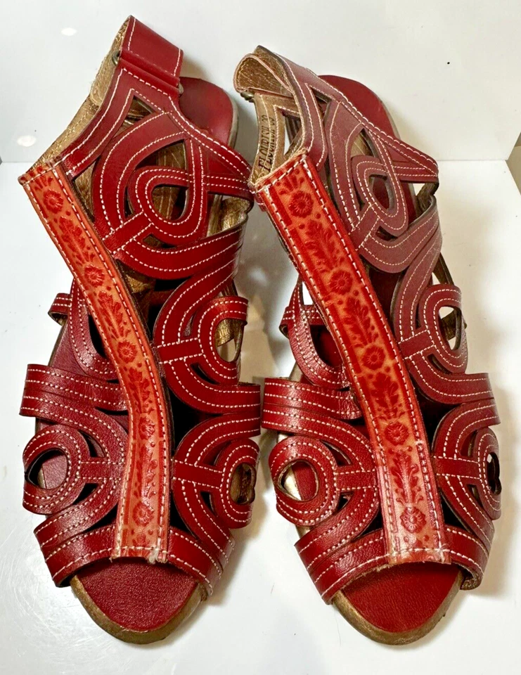 Donna Spring Step Flourish Gladiatore Rosso Pelle Sabot Tacco Sandali Taglia 39 - Immagine 1 di 4