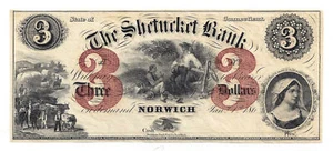 186X The Shetucket Bank, Norwich, CT - Three Dollar Obsolete Remainder D03010 - Bild 1 von 2