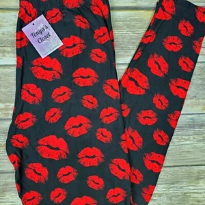 PLUS Valentines Kiss Leggings Negro y Rojo Mantequilla Suave Curvilíneo 10-18 TC - Imagen 1 de 4