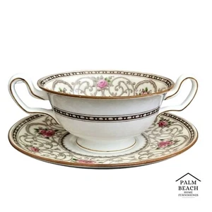 (1) WEDGWOOD Avondale Cream Soup Bowl with Plate Cream with Scrolls Pink Roses - Picture 1 of 8