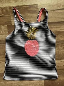 SO Girls Flip Sequin Gold/Pink Pineapple Tankini Swimsuit Top Striped Size 16 - Picture 1 of 8