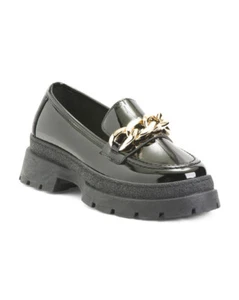 QUPID Lug Sole Chunky Black Patent Leather Gold Chain Loafers 7 (May Fit 7.5-8?) - Picture 1 of 2