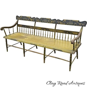 Antique Pa paint decorated plank seat settee deacons bench folk art yellow 1850 - Picture 1 of 24