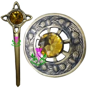 Scottish Fly Plaid Brooch Yellow Stone Antique Finish Shawl Pin & Brooches(8cm) - Picture 1 of 4