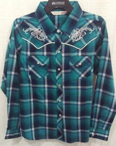 Girl's WESTERN SHOW SHIRT Blue Green Plaid w/ Embroidery - Picture 1 of 2