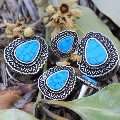 PAIR of 316L Stainless Steel Ornate Teardrop Plug with Turquoise Inlay - Image 1 of 3