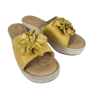 Born Leather Annette Mustard Yellow Flower Canvas Wedge Platform Slides Sandal 7 - Picture 1 of 7