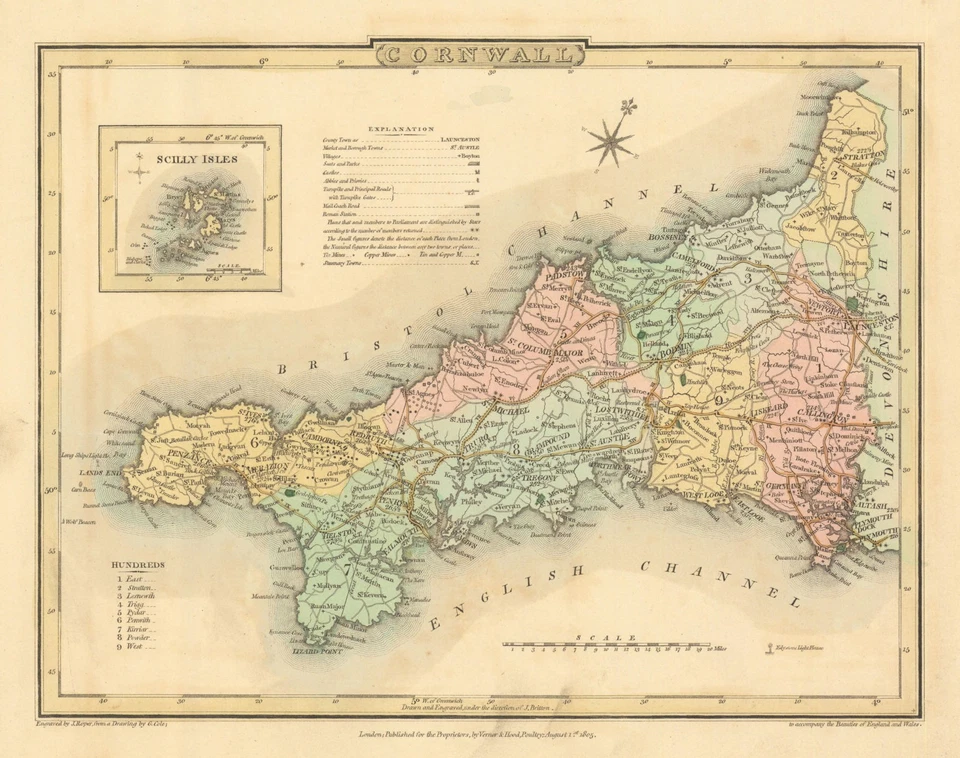 Antique hand-coloured Cornwall county map by George Cole & John Roper 1810 - Image 1 of 1