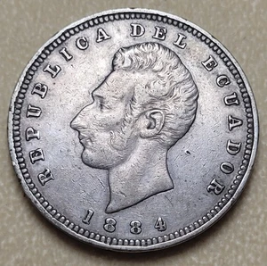 Moneda de plata Ecuador 1884 Un Sucre VF Heaton/Birmingham S. American tamaño de US $ - Imagen 1 de 2