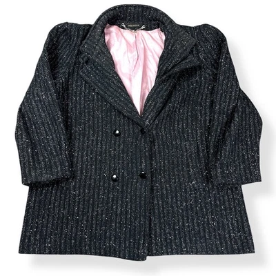 De Colección Para Mujer Grande Negro Tweed Lana Doble Pecho Chaquetón Forro Rosa EE. UU. Foto 1 de 4