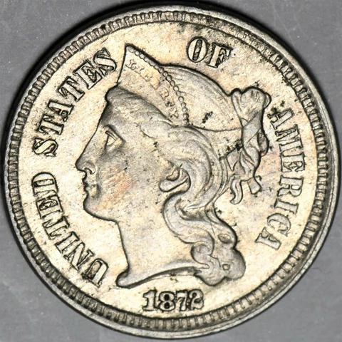 1872 Three Cent Nickel, beautiful original unc. in a pleasing high grade Cover