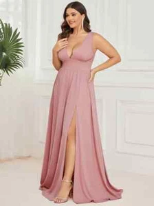 Ever Pretty Long Dress UK16 Dusty Rose Pink High Slit Empire Waist Evening - Picture 1 of 7
