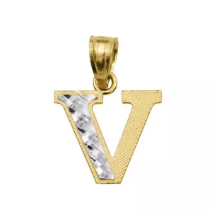 Genuine 14k Two-tone Gold 0.59" Diamond-cut Initial Block Letter 'V' Pendant - Picture 1 of 5