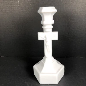 "Candelabro cónico vintage blanco de vidrio de leche crucifijo candelabro religioso 9,5""" - Imagen 1 de 9