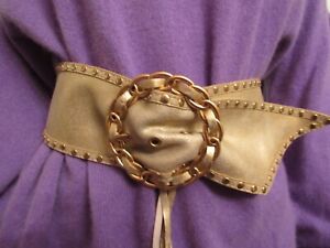 VINTAGE GUESS SZ S Studded Leather Belt Gold w Woven Tassel Buckle 90s 3.5" Wide