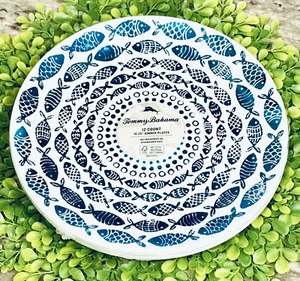 12 Tommy Bahama Plastic Dinner Plates 10.25” Metallic Blue Fish Disposable Reuse - Picture 1 of 3