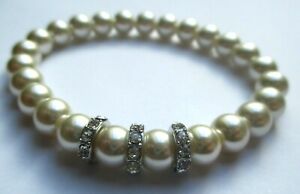 bracelet de perles nacrées blanches extensible anneaux cristaux bijou rétro 5244