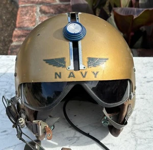 Vintage US Navy Pilot APH-5 Helmet Korean & Vietnam Era Jet & Helicopter Gold - Picture 1 of 9