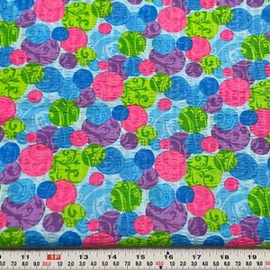 Floral Design Colorful Polka Dots on Blue SEERSUCKER Fabric by the HALF YARD - Picture 1 of 2
