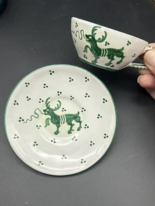 Vintage Italy SA Cup and Saucer Handpainted Pottery Green Stag Deer Artisan Set - Picture 1 of 9
