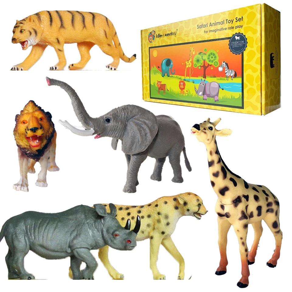 Large Safari Wild Zoo Animal Toy Figures Plastic Set of 6 UK - Image 1 of 4