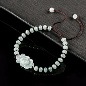 Bracciale Intrecciato Grado Naturale A Giada Giadeite Fiore di Loto Perline Abaco Corda - Foto 1 di 5