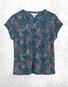 Ex Seasalt Women’s Short Sleeve Glass V-neck Jersey Top in Teal Coastal Bloom - Picture 1 of 7