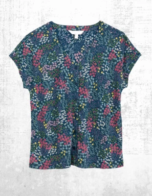 Women’s Seasalt Jersey Top Short Sleeve Glass V-neck Teal Coastal Bloom - Image 1 of 4