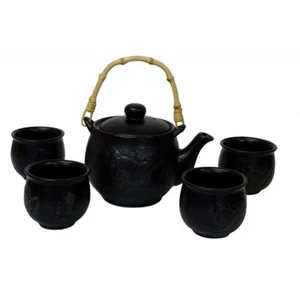 Tea Set: Chinese Herbal Etched Plum Pattern Tea Set, Bamboo Handle Black - Picture 1 of 3