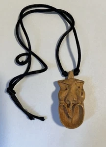 Vintage Carved Wooden Pendant Leather Cord Necklace with Asian figure - Picture 1 of 3