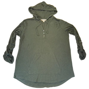 Market & Spruce Women’s Large Hoodie Tunic Split Neck Drawstring Green - Picture 1 of 5