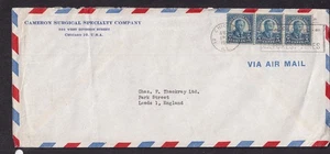 1951 3 x 5c Roosevelt Coil Line Streifen Luftpost Brief Chicago nach Leeds England - Bild 1 von 1