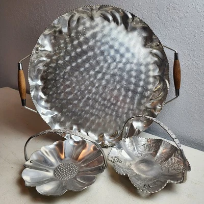Vintage 50s Aluminum Serving Tray with Handles & Two Small Decorative Baskets - Image 1 of 4