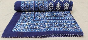 Indian Hand Block Ethnic Queen Size Cotton Kantha Quilt Throw Blanket Bedspread - Picture 1 of 8