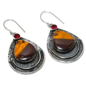 Natural Tiger Eye, Garnet Gemstone 925 Sterling Silver Earring 2.29" Gift q336 - Picture 1 of 6