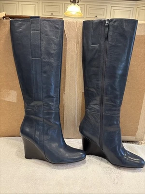 Nine West ORAN Botas de Oficina Azul Marino Oscuro Cuero Hasta la Rodilla Tacón de Cuña Cremallera 8 Foto 1 de 4