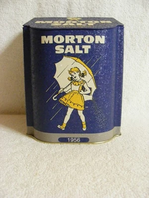 Reproduction 1956 Morton Salt Tin "When It Rains It Pours" Girl Hinged Lid - Image 1 of 4